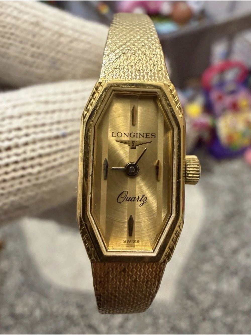 Longines Vintage Womens Watch Hexagonal Gold Tone Mesh Band Quartz Swiss Made